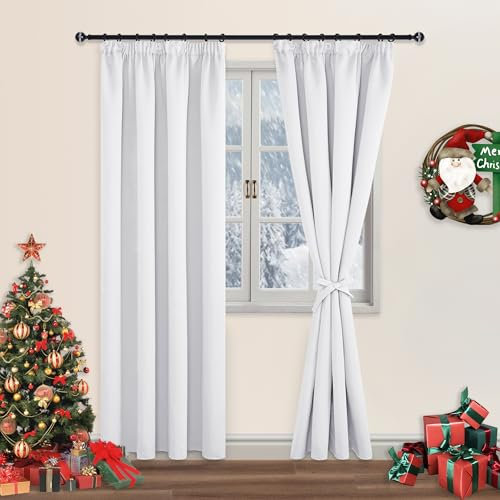 DWCN Schlafzimmer Gardinen Für Schienensystem 2er Set H245 x B140 cm, Verdunklungsvorhänge mit Vorhang-Krawatten, Kräuselband Gardinen Kurz Abdunkelnde Vorhänge Dunkel Für Kinderzimmer, Grau Weiß