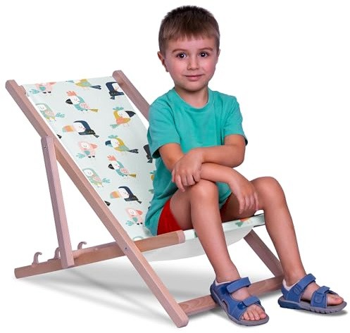 DreamRoots Kinder Liegestuhl Holz Gr. S, Cute Parrots | Klappbarer Campingstuhl faltbar, für Garten & Strand, bis 130 kg, waschbarer Bezug, 100% Polyester, UV-beständig, Kinderliege