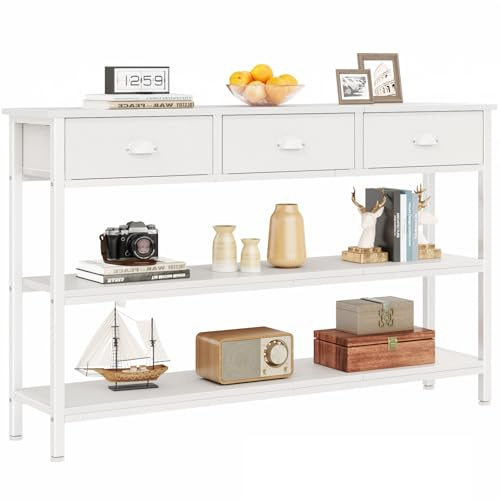 Weißer langer 119,4 cm Wohnzimmer Konsolen-Sofatisch mit 3 Schubladen, Eingangstisch mit 3 Regalen, industrielles Ausstellungsregal für Eingangsbereich, Flur, Couch, Küche, Foyer