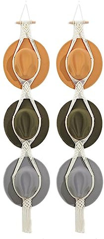 Nudiuhis Makramee-Hutablage für Kleiderbügel-Wandpräsentation, Bohe Mia Huthalter für Organizer-Aufbewahrung, Dekorative Kappe mit Breiter Krempe – 2er-Pack