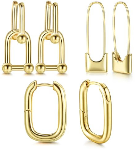 Adramata Gold Creolen Ohrringe Set für Damen und Mädchen, 14K Vergoldet U-förmige Goldene Ohrringe, Hypoallergene Creolen Gold/Silber, Tropfen Ohrhänger Set, 3 Paar,G