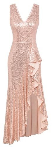 GRACE KARIN Womens Sequin Dress Sleeveless Cocktail Dress High Low Hem Wedding Party Ruffle Maxi Dress Evening Gown, Rose Gold, L