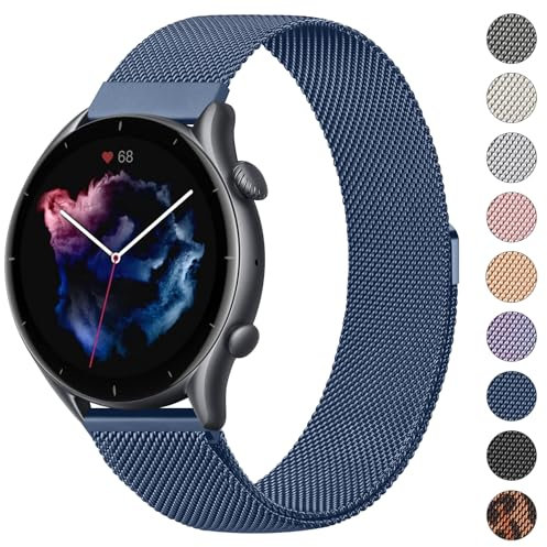 Vancle Bracelet de Rechange en Maille d'Acier Inoxydable pour Amazfit Bip 5/GTR 4/3/3 Pro/2/2e/47 mm, Bleu Marine