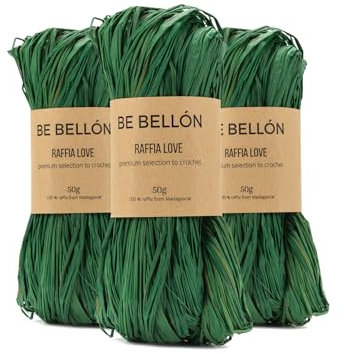 BE BELLÓN Hebras de Rafia Natural para Tejer Crochet y Ganchillo - Madejas de 3x50g para Bolsos y Sombreros - Manualidades y Relleno - Dark Green