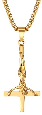 JewelryWe Kreuz Jesus Halskette Herren: Gold Edelstahl Satanische Umgekehrt Upside Down Kreuz Petruskreuz Jesus Anhänger Kette Satan Kirche Wicca Talisman Amulett Religiöser Schmuck für Männer Frauen
