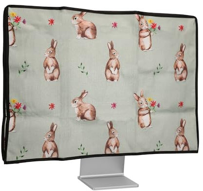 kwmobile Dust Cover for 20-22 monitor - Linen Monitor Protector with Design - Rabbits and Flowers White/Brown/Gray Green