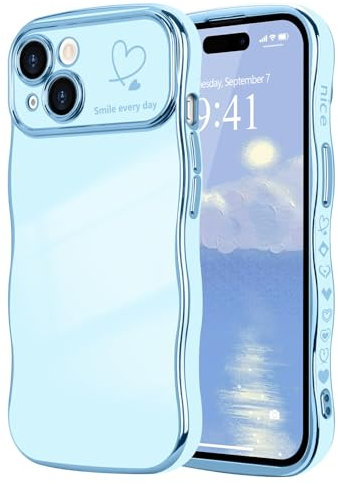 LCHULLE for iPhone 15 Case for Women Girls,Cute Curly Wave Frame Shape Love Heart Pattern Phone Case,Raised Camera Protection Luxury Plating Shockproof Cover for iPhone 15 6.1,Blue