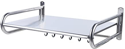SOLOCJNL Mikrowellen-Wandregal, Rostfreier Stahl Mikrowellenhalterung mit 6 Mobile Haken bis 30 kg Wandbefestigung für Mikrowelle und Backofen, Silber
