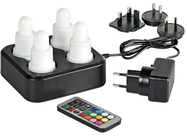ReWu Duni LED-SET - 4 Stück - Warmweiß & Multicolour Mehrfarbig Wiederaufladbar Inklusive Ladestation & Fernbedienung LED-Beleuchtung Tischleuchten LED-Kerzen Alternative Teelichter