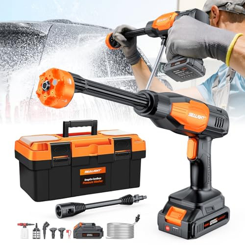 SEALIGHT Cordless Pressure Washer, 970PSI Portable Power Washer with 3.0Ah Dual Batteries/ 6-in-1 Nozzle/ 45-Degree Nozzle/Foam Pot, Handheld Cleaner with Storage Box for Car Bike Fence Garden Floor