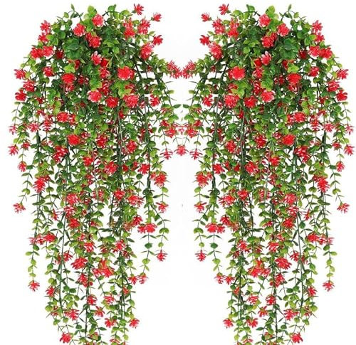 YWKJDDM Artificial Hanging Flowers, 2 Pcs UV-Resistant Fake Hanging Plants Flower Bouquet, Bouquet Outdoor Indoor Fake Hanging Plants Flowers for Wall Home Garden Wedding Decor (Red)