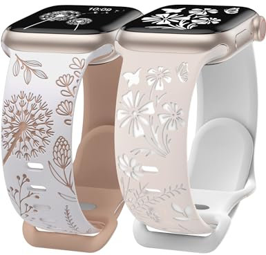 Wearlizer 2Stück Floral Gravierte Kompatibel mit Apple Watch Armband 41mm 40mm 42mm 38mm Damen, Zweifarbiges Blumen Silikon Sportarmband für iWatch Serie 10 9 8 7 6 5 4 3 2 1 SE, Weiß/Polarstern