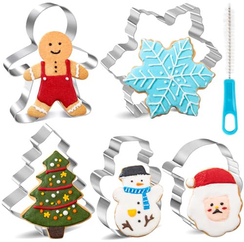 Moldes Galletas Navidad 6 Piezas, Kimfead Cortadores de Galletas Acero Inoxidable - Papá Noel, árbol de Navidad, Hombre de Jengibre, Copo de Nieve, Muñeco de Nieve y 1 Cepillo de Limpieza