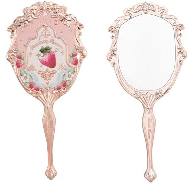 Flower Knows Rokoko-Handspiegel, Vintage-Stil, tragbarer Handspiegel, ausgefallener und hübscher Prinzessinnen-Spiegel mit langem Griff, Geschenk für Mädchen (zartes Rosa)