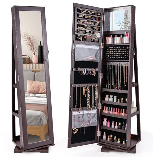 GOPLUS 3 in 1 Schmuckschrank mit spiegel, Spiegelschrank stehend, 360°drehbar, abschließbar, Standspiegel Schmuck Organizer mit großem Stauraum & Ablagefächern für Schlafzimmer (Dunkelbraun)