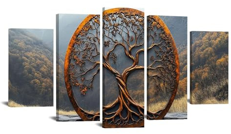 WIKEO Nero 5 pezzi Albero della vita Quadro moderno, Scenario dell'albero rotondo Quadretti da parete Decorazioni moderni muro per salotto, camera da letto, Corridoio-100x200cm Incorniciato