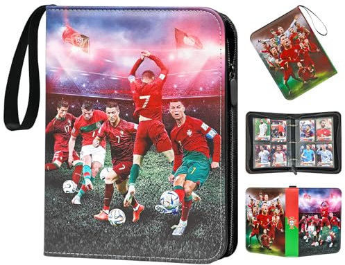 Oirigaga Fußball Karten Sammelalbum, Fussball Sammelkarten Album, 400 Karten Sammelmappe Sammelheft Sammelbuch, Wasserdicht PU-Leder Heft Ordner mit 4 Taschen 50 Hüllen und Reißverschluss Tragegriff