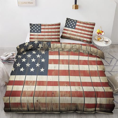 Winter Bettwäsche 155x220 Amerikanische Flagge - Rustikal USA Flagge Bettbezug 155x220 3 Teilig, Weiche & Angenehme Bettbezüge & 2 Kissenbezug 80x80, Bettwäsche-sets mit Reißverschluss S#&-148