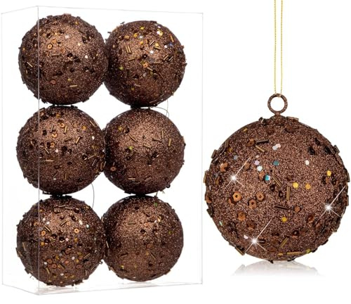 6er-Set 8cm Dekorative Weihnachtsbaumkugeln, Weihnachtskugel-Ornament mit Holografischem Glitzer Christbaumschmuck zarten Dekorationen für Weihnachtsbaum, Weihnachtshochzeitsfeier, Bronze