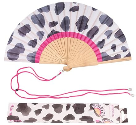 Fisura – Abanico original con estampado de vaca. Abanico de madera moderno y colorido. Ventilador de mano blanco y negro. Colgador incluido. Medidas: 42,5 x 23 cm