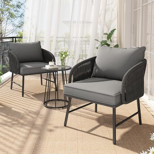 NNJN Juego de muebles de balcón de 3 piezas, cuerda trenzada a mano, mesa de cristal, sillas con una capacidad de carga de 160 kg, adecuado para terraza, jardín y balcón, color gris