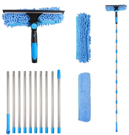 4.5 Meters Window Cleaning Kit, Extra Long 2 in 1Squeegee Window Cleaning Kit, 180°Swivelling Panel, Screw-on Type Extendable Window Cleaning Equipment with 10 Pole, 2 Microfiber Cloth Brush & Squeege
