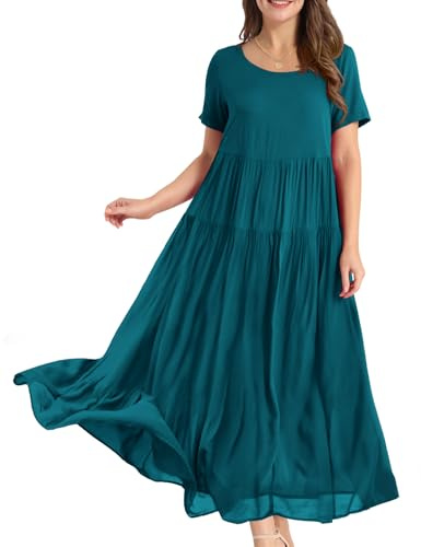 YESNO Women Dresses Casual Plus Size Bohemian Short Sleeve Floral Long Maxi Summer Beach Swing Dress/Pockets M EJFUK Darkcyan