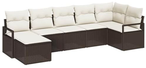 vidaXL Sofa Set mit Kissen 7 pcs Braun und Creme Poly-Rattan, Garten und Terrasse, rechteckige modulare Couchgarnitur, leicht, UV-beständig, mit Stauraum, für deinen Patio