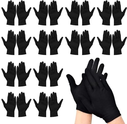 YceLon 12 Stück Baumwollhandschuhe Schwarz, Dünne Baumwollhandschuhe für Handpflege und Schmuckuntersuchungen, Weiche Textilhandschuhe für Täglichen Gebrauch und Nächtliche Pflege