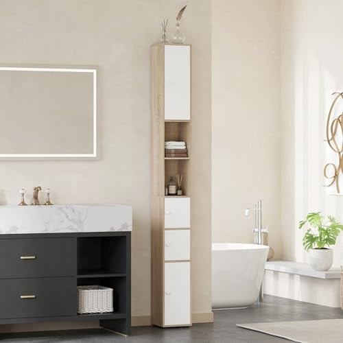 Homullel 20 cm Breit Badezimmerschrank 180 cm Hoch Schmal Hochschrank für Bad, Schmaler Badschrank Küchenschrank Buffetschrank für Küche, Badezimmer (Weiß+Ahorn, 180 cm)