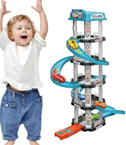 Garage Playset - Garage de Voiture | Toy Garagee pour 3 Ans | Multi-étage Parking Toy Toy Storage Traffice à Deux Voies Rample 2 Voitures de Course Lift et Un Jeu de rôle imaginatif Beaucoup Plus
