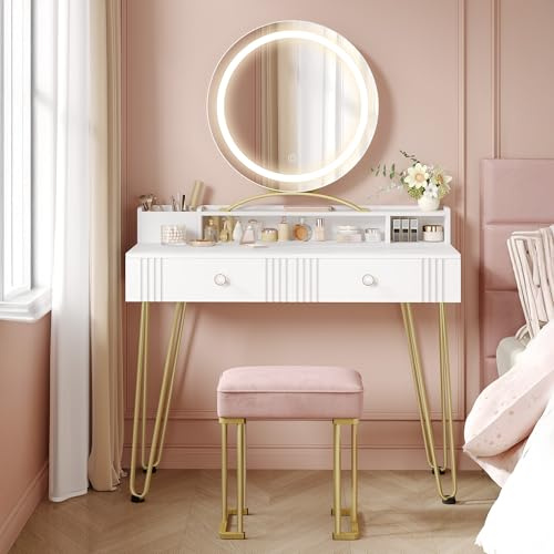 Hzuaneri Dressing Table Set with LED Lights, Vanity Desk with Pink Stool | Makeup Vanity Table with 2 Drawers, 2 Open Storage Areas, 2 Compartments, Adjustable Brightness, White Gold DT42403XUK