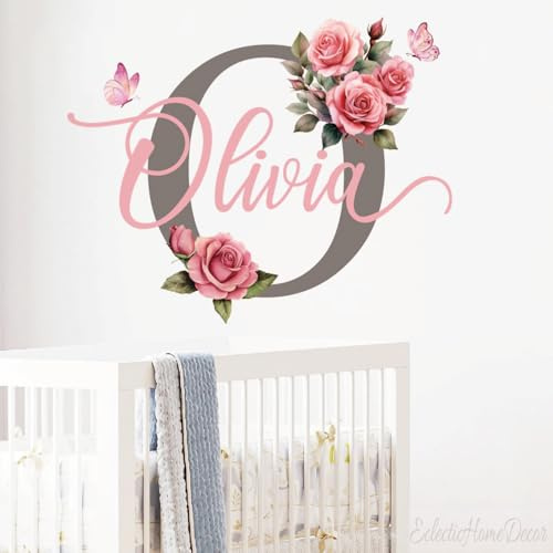 Custom Pink Flower Name Wall Decal - Personalized Girls Room Decor, Removable Rose Vinyl Sticker, Nursery & Bedroom Wall Art for Girls