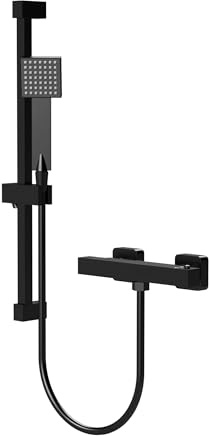 Arko Thermostatic Shower Mixer with Adjustable Riser Kit, Wall Mounted Exposed Thermostatic Shower Set, Wall Mounted Hand Shower with Rise Rail (Square, Black)