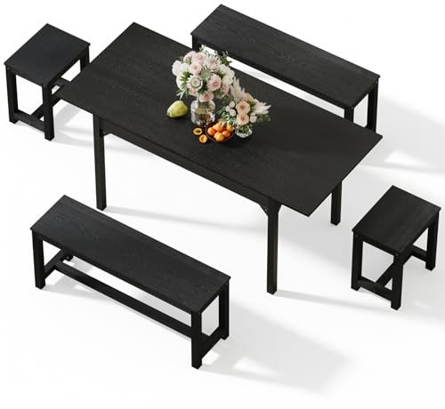 Warmiehomy Extendable Dining Table and Chairs Set 4, Wooden Dining Room Table 4-6 Seater with 2 Stools and 2 Benches, 5pcs Kitchen Table and Chairs Set 4 for Home, Living Room, Space Saver, Black