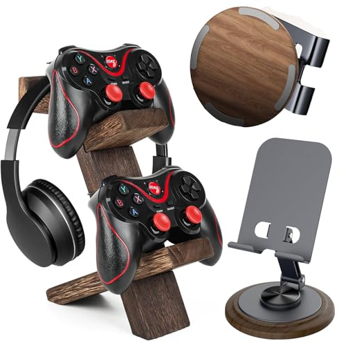 Lot de 2 supports de manette en bois pliables - Support universel pour téléphone portable - Support de téléphone portable en bois - Support pour casque de jeu - 2 en 1 - Support pour manette de casque