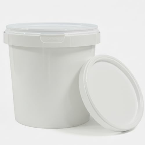 1L White Plastic Bucket with Lid – Food Grade Empty Container for Storage, Paint, Kitchen, DIY, Crafts, Cleaning, Jam, Honey, Small Liquids, Sauces & Condiments (Pack of 5)