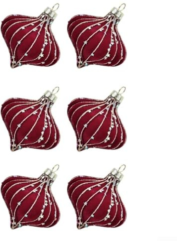 Eawfgtuw 8cm Flocked Almond Christmas Tree Ornaments Set of 6 in Wine Red and Dark Green Handmade Plastic Baubles for Festive Holiday Decoration(Red)