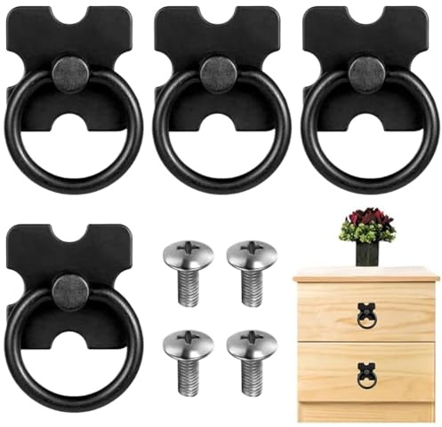 ZESHGON 4 pcs Drawer Handles and Ring Pull, Decorative Furniture Door Drawer Handles and Ring Pull with Screws, Vintage Metal Door Knobs Pulls Used for Wardrobe Cupboard Cabinet(Black)