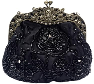 lapulio Sac à main vintage avec perles et rose - Fait à la main - Sac à main - Art déco Kiss Lock - Pour mariage, bal de fin d'année, fête, Noir