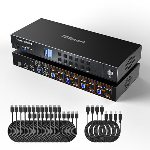 TESmart 4K@144Hz DisplayPort KVM Switch 3 Monitore 4 Computer DP 1.4 USB3.0 | 4 PC Triple Monitor 8K@60Hz KVM-Switch Dockingstation mit EDID Gigabit Netzwerk, Hotkey switch, VRR, allen Anschlusskabeln