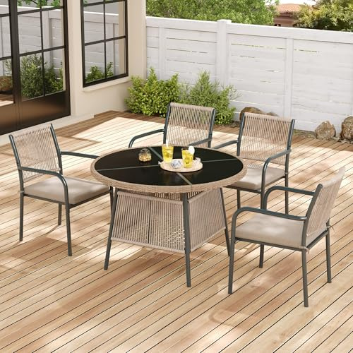 Merax 5-teiliges Gartenmöbel Set 4 Personen, Balkonmöbel mit rundem Tisch (110 cm) & 4 Stühlen, Outdoor Essgruppe mit Glasplatte, Rattan-Design, wetterfest für Terrasse & Balkon,GRAU