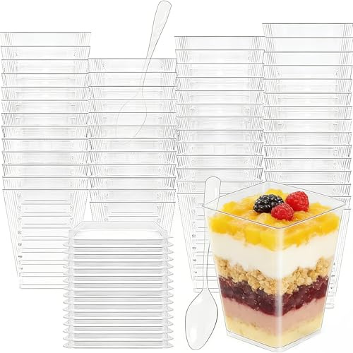 ZIVAL 100 Packs 5oz/150ml Mini Dessert Cups Reusable Dessert Cups with Lid and Spoons, Plastic Parfait Appetizer Cup for Party