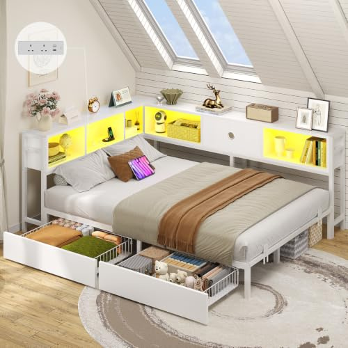 DICTAC 4ft6 Double Bed 135x190 with 2 Storage Drawers, Double Storage bed with LED Lights & Charging Station, Day Bed with Storage, White LED Corner Bed – Space-Saving Double Bed with Shelf, Modern