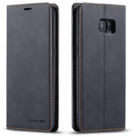 EYZUTAK Hülle für Samsung Galaxy S7, Magnetverschluss Premium PU Leder Flip Case mit Kartenfächern Brieftasche Standfuntion stoßfeste Silikonhülle Retro Ledertasche - Schwarz