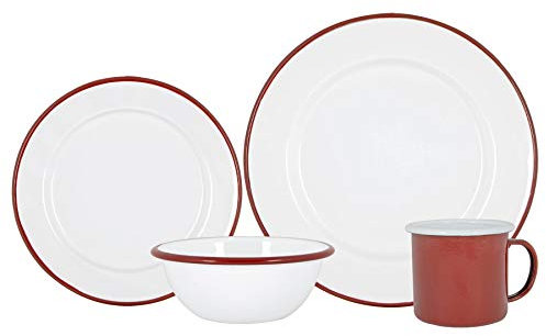 Argon Tableware Coloured Dinnerware Set - 16-Piece - Red Dinner Set Lightweight Camping Dinner Plates, Pasta Bowls, Coffee Mugs and Side Plates Dining Set