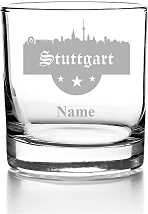 Whiskyglas mit Gravur, Personalisiert mit Namen Geschenk für Männer Whiskeyglas Fußball Skyline Stuttgart