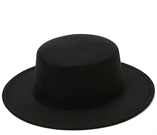 1 Pc Classic Flat Top Fedora Hat British Style Jazz Straight-Brimmed Manhattan Church Derby Cap for Unisex Head Circumference 22.8in (Black)