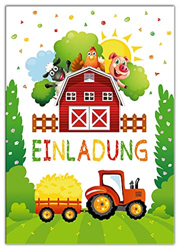 12 Einladungskarten zum Kindergeburtstag Mädchen Jungen Bauernhof Outdoor-Party