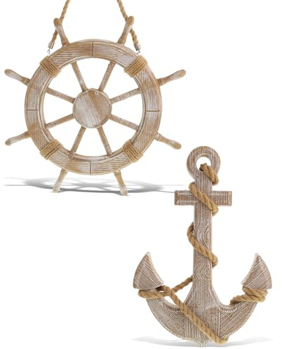 CoTa Global Baja Beach Wall Decor Anchor and Ship Wheel Set - Handmade and Crafted Wooden Anchor and Wheel with Ropes for Hanging, Nautical Themed Home Decor, Boat Steering Decorative Coastal Ornament